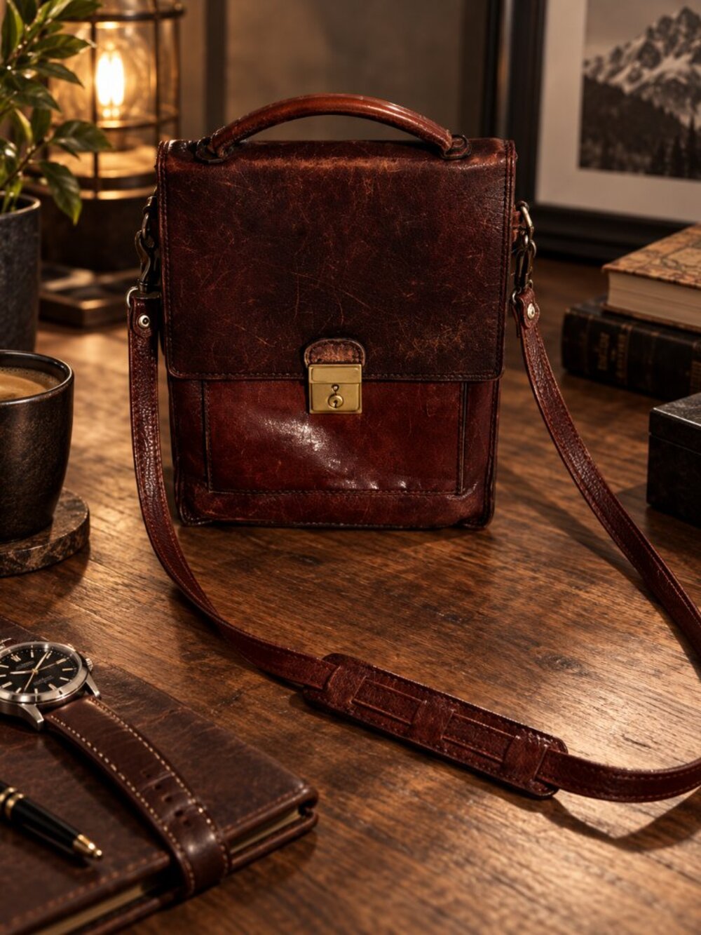 Vintage Italian Distressed Brown Leather Crossbody Satchel Bag Made in Italy
